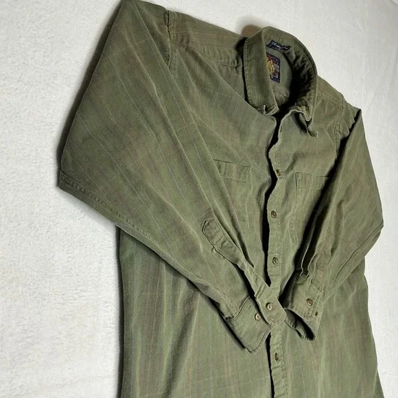 Vtg Ralph Lauren Chaps Work Shirt Mens 16.5 Olive Green Striped Country Cotton - Picture 6 of 6